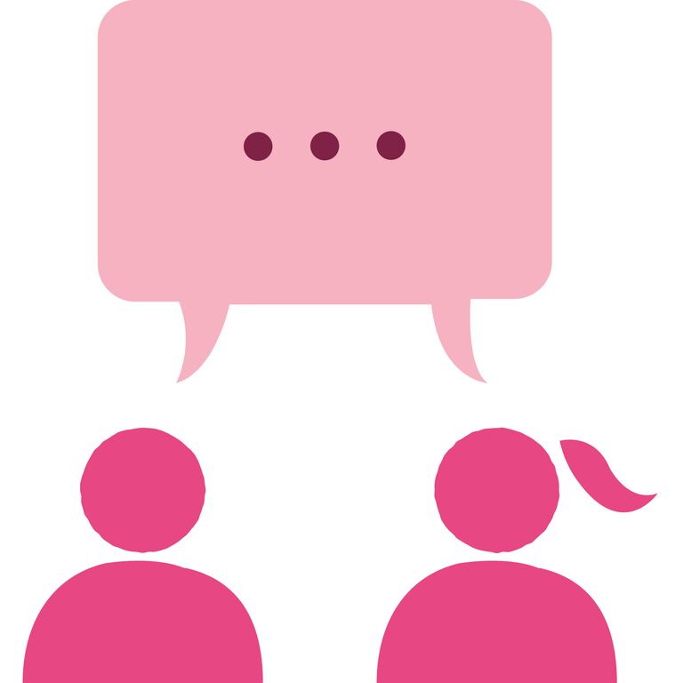 Mary Kay pink illustration of two people conversing.
